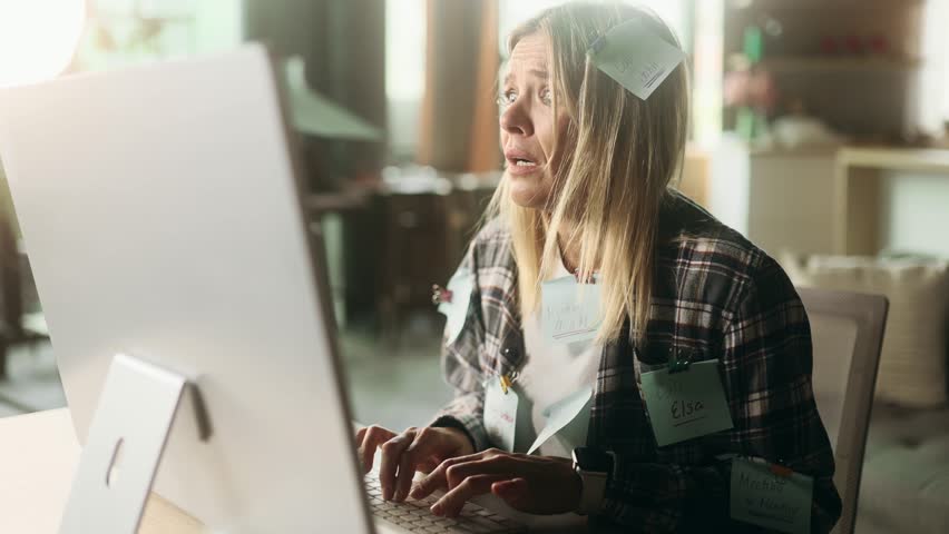 Nervous stressed blond mature woman freelancer with stickers typing quickly on computer and looking at papers asking to hurry up scream and warning about deadline at home workplace