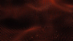 Red clay-colored digital dots form waves on a black abstract background. Futuristic, Modern, Digital, abstract, and technology dots on a wave background. Dot pattern with a halftone effect. Half-tone