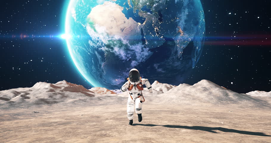Astronaut Running On A Planet Surface. Making First Steps. Planet Mars Colonization Concept. Space Related Majestic Scene. Slow Motion. Royalty-Free Stock Footage #1107008409