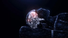 Polygonal motion graphics of a human brain disease on a dark background. Futuristic Animation Inflammation of the patient's brain, trauma or inflammatory foci of the brain