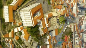 Aerial view of famous historic Portuguese town of Porto. Porto aerial view of Portugal main city. Aerial vertical, vertical video background. 