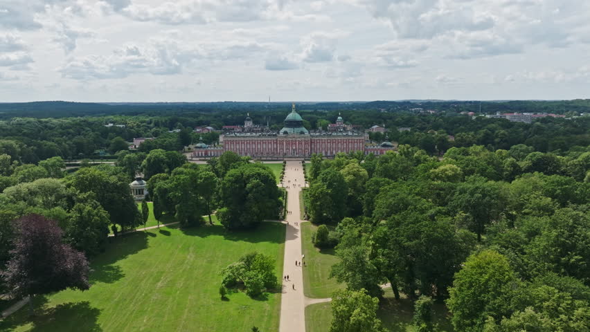 Aerial Drone shot of New Palace ( Neues Palais ). it is a palace situated on the western side of the Sanssouci park in Potsdam, Germany.