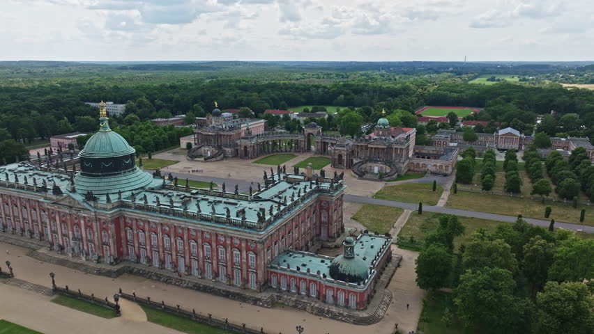 Aerial drone view of New Palace  ( Neues Palais ) and The University of Potsdam , it is part of the New Palace of Sanssouci which is known for its UNESCO World Heritage status.