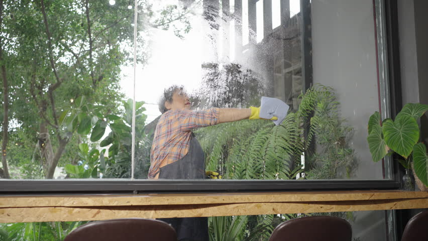 Asian senior, elderly, retired, woman owner of a coffee shop cleaning the front glass outside the shop. Small business, Business owner.