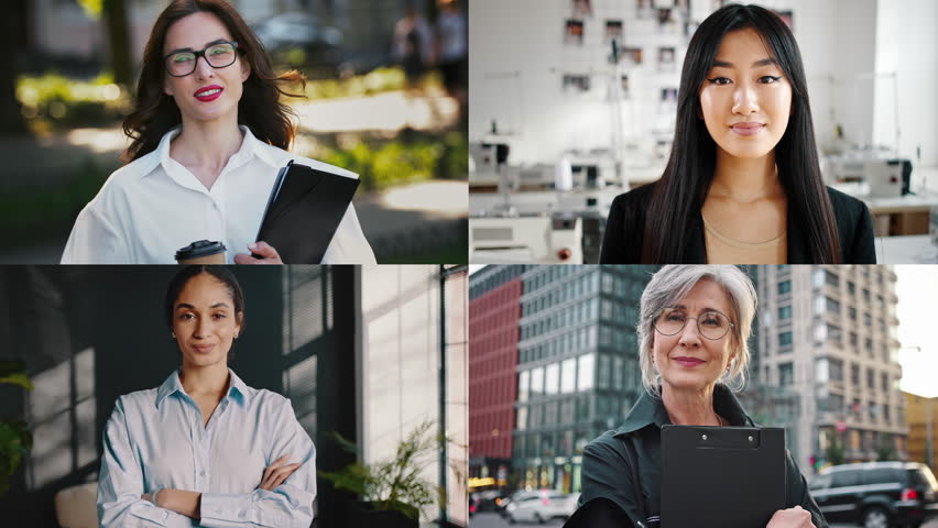 Collection of four human faces expressing ambitious and confident emotions while looking at camera. Successful ladies of different age and ethnicity feeling proud of their work professions. Royalty-Free Stock Footage #1107014033