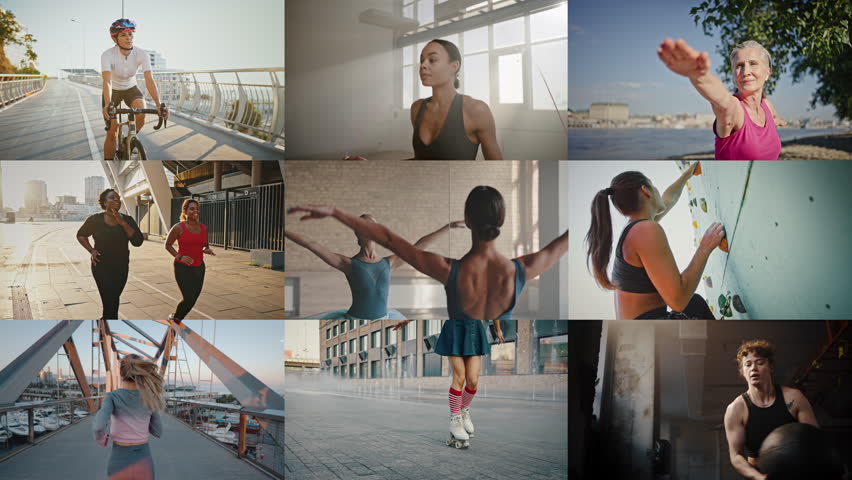 Montage of motivated multiracial women of various ages being passionate about sport and healthy lifestyles. Group of fit and active ladies in sportswear jogging, biking and doing regular workout.