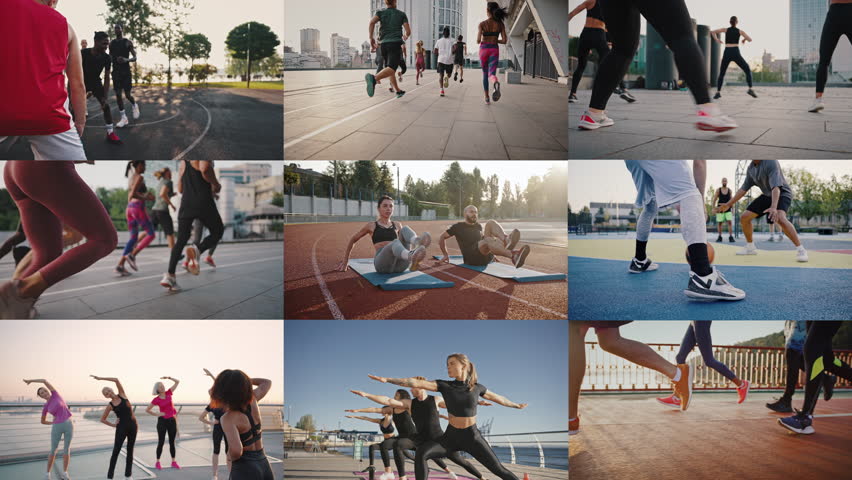 Groups of diverse sport people performing physical activities outdoors. Determined males and females doing stretching exercises, jogging, playing basketball and organizing marathons on fresh air. Royalty-Free Stock Footage #1107014175