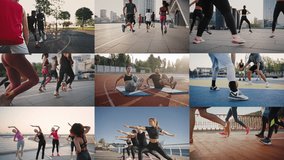 Groups of diverse sport people performing physical activities outdoors. Determined males and females doing stretching exercises, jogging, playing basketball and organizing marathons on fresh air. - Powered by Shutterstock - Get 15% off with code: PIKWIZARD15