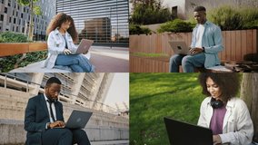 Montage of four african american freelancers working remotely on personal laptops while sitting outdoors and enjoying fresh air. Successful people having online conference and planning new project.