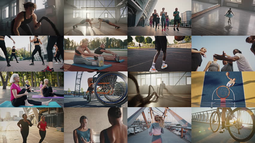 Mosaic series with people doing different physical activities on nature and in gym. Disciplined sportsmen doing strength and stretching exercises, jogging, dancing ballet and playing with ball. Royalty-Free Stock Footage #1107014179