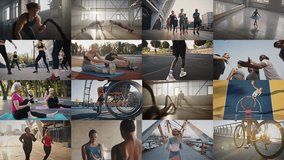 Mosaic series with people doing different physical activities on nature and in gym. Disciplined sportsmen doing strength and stretching exercises, jogging, dancing ballet and playing with ball. - Powered by Shutterstock - Get 15% off with code: PIKWIZARD15