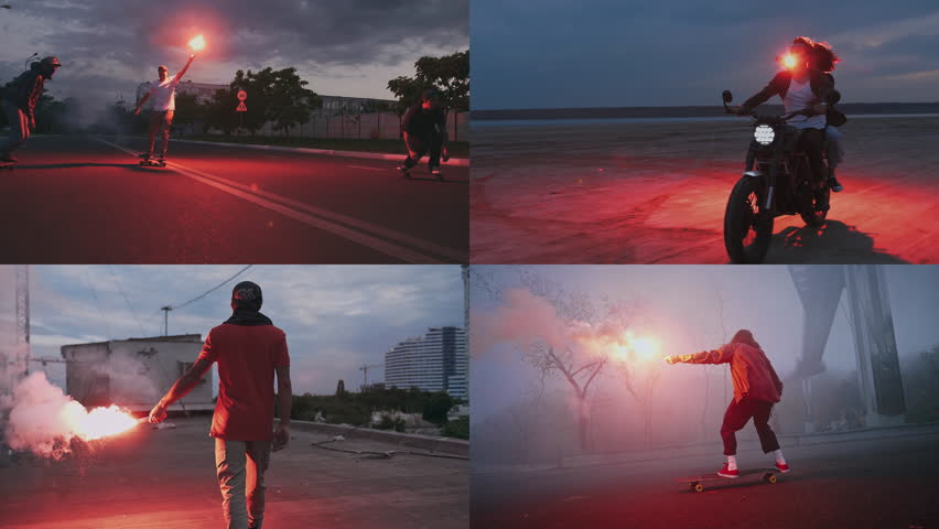Collage of careless male and female rebel teenagers entertaining with fire outdoors at sunset. Young activists burning flares while riding motorcycle and skateboards on streets.