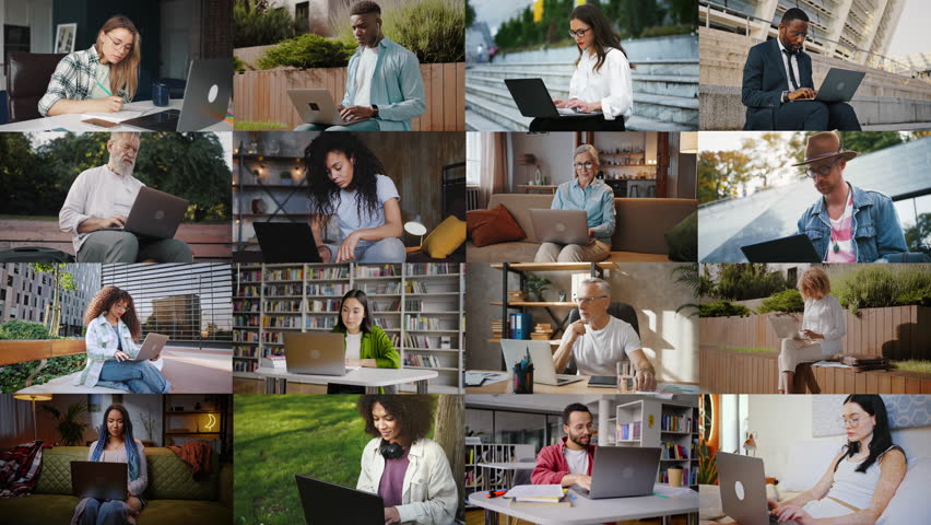 Multicultural people working and studying remotely on portable computers while staying on fresh air and indoors. Open-minded young and elder professionals having video talks and watching webinars. Royalty-Free Stock Footage #1107014183