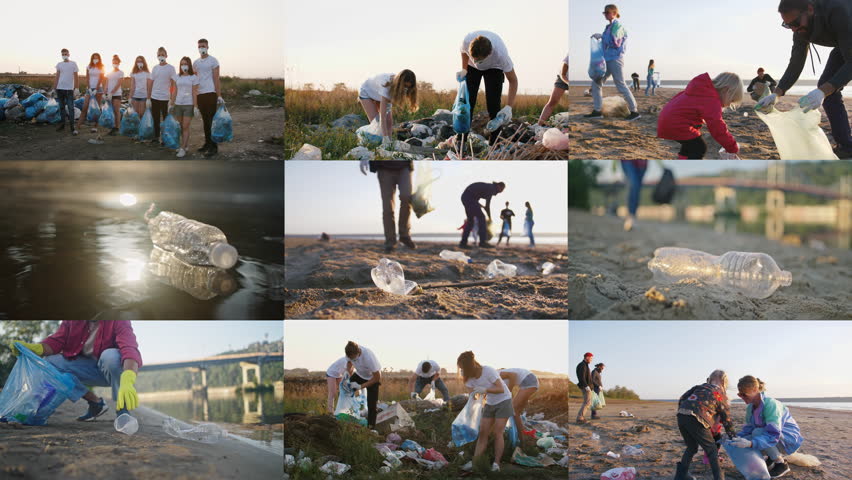 Mosaic series of diverse volunteers doing charitable social work and collecting garbage on polluted areas. Group of caring people with children cleaning beaches together from trash and plastic waste. Royalty-Free Stock Footage #1107014191