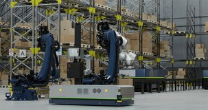 Animation of robots and drones working in warehouse. Global artificial intelligence shipping, delivery and logistics concept digitally generated video.