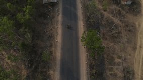 A cyclist rides on the empty road towards the bridge and the drone is tilting up. Laos, Southeast Asia, 4k, cycling tour 