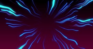 Animation of blue and pink neon light trails and circles over black background. Abstract, neon and shapes concept, digitally generated video.