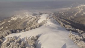 Amazing aerial flight over foggy mountains range, meadows and snow-capped peaks in winter time. Forest with frost glowing with bright warm sunrise light. UHD 4k video