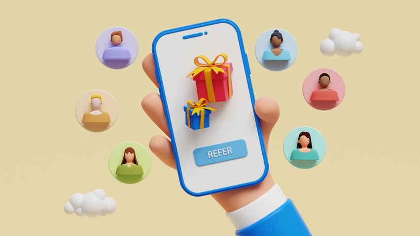 Smartphone with gift boxes and referening friends concept. Referral system, refer friend, making money recommending new group 3d style. Referral marketing program. Group customers. 3d loop animation Royalty-Free Stock Footage #1107032235