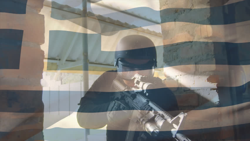 Animation of flag of greece over diverse soldiers. Patriotism, armed forces and defence concept digitally generated video.