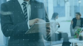 Animation of multiple digital icons against caucasian businessman using digital tablet at office. Computer interface and business technology concept - Powered by Shutterstock - Get 15% off with code: PIKWIZARD15