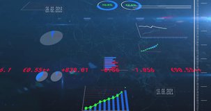 Animation of scope and financial data processing over blue background. Global business, finances, computing and data processing concept digitally generated video.
