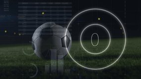 Animation of financial data processing over football player on pitch. Global sports, business, finances, computing and data processing concept digitally generated video.
