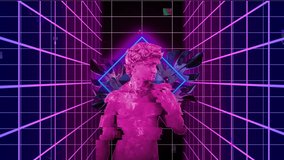 Animation of social media icons over pink sculpture and pink grid. Social media, digital interface, communication, computing and data processing concept digitally generated video.