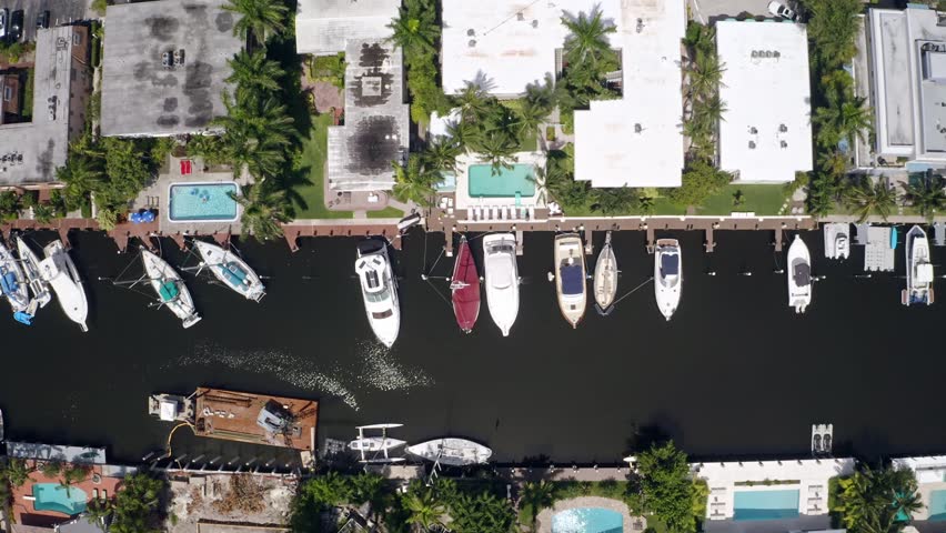 Aerial drone  Footage in Miami, Florida, USA, commercial area, luxury houses, buildings and mansions, abundant tropical vegetation around, blue sky and Ocean.
