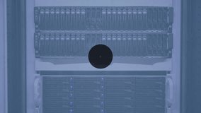 Animation of connected icons over back panel of data server racks in server room. Digital composite, multiple exposure, communication, message, data center, networking, technology and network server. - Powered by Shutterstock - Get 15% off with code: PIKWIZARD15