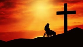 Silhouette of disabled male sitting on a wheelchair and praying for hope by the cross with sun rising timelapse animation 4k video