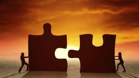 Silhouette of two businesspeople assemble two big jigsaw with sun rising timelapse animation 4k video