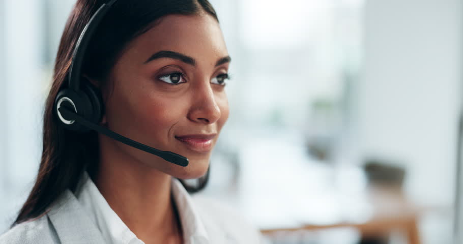Customer service, computer video call and happy woman consulting in sales telemarketing, telecom or explain advice. Insurance agent, online webinar conference and female consultant talk in callcenter Royalty-Free Stock Footage #1107051517