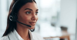 Customer service, computer video call and happy woman consulting in sales telemarketing, telecom or explain advice. Insurance agent, online webinar conference and female consultant talk in callcenter