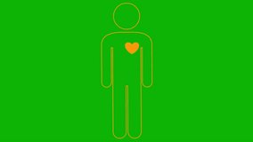 Animated orange linear symbol of person. Looped video of beating heart. People icon. Heart pounding. Vector illustration isolated on green background.