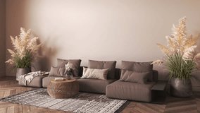 Brown color interior design with sofa, dry palm leaves and wicker table in modern farmhouse livingroom. Empty wall mockup. 3d rendering illustration. 3d visualization. High quality 4k. 3D Illustration - Powered by Shutterstock - Get 15% off with code: PIKWIZARD15
