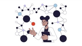 Molecule scientist in laboratory line 2D animation. 4K video motion graphic. African american female lab researcher touching spherical molecule linear animated cartoon flat concept, white background