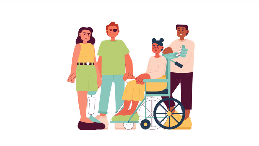 Young people with disabilities 2D animation. Diverse group 4K video motion graphic. Disabled adults community. Social rehab. Disability friendship color animated cartoon flat concept, white background Royalty-Free Stock Footage #1107062189