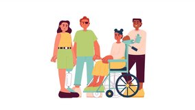 Young people with disabilities 2D animation. Diverse group 4K video motion graphic. Disabled adults community. Social rehab. Disability friendship color animated cartoon flat concept, white background