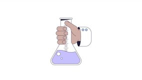 Scientist flask holding line 2D character hand animation. Laboratory research flat color cartoon 4K video, alpha channel. Lab erlenmeyer. Hand chemistry animated person body part on white background