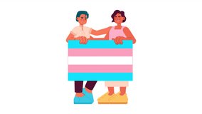 Trans people holding transgender flag 2D animation. LGBTQ pride parade 4K video motion graphic. Trans rights. Multicultural adults. Lgbt support color animated cartoon flat concept, white background