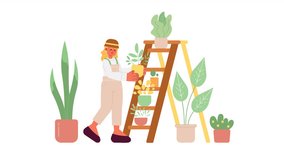 Gardener hobby cartoon animation. Working in garden 4K video motion graphic. Leisure activity. Caucasian young adult woman holding plant pot 2D color animated character isolated on white background