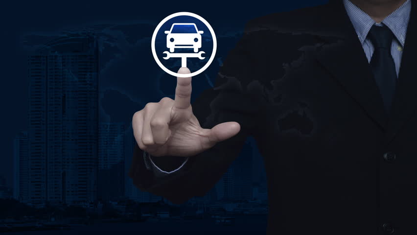 Businessman pressing service fix car with wrench tool flat icon over world map, modern city tower and skyscraper, Business repair car concept, Elements of this image furnished by NASA