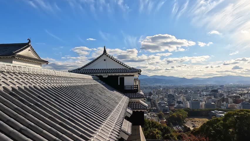 View from Matsuyama castle onto the city skyline on a beautiful blue sky day. Japan Shikoku
