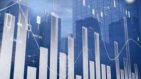 Animation of statistical data processing against view of tall buildings. Computer interface and business technology data concept - Powered by Shutterstock - Get 15% off with code: PIKWIZARD15