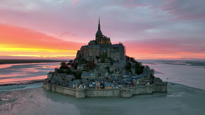 Mont Saint Michel 4K (beautiful sunset drone shot) Royalty-Free Stock Footage #1107070615