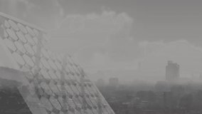 Animation of graphs, trading board and solar panel over modern cityscape against cloudy sky. Digital composite, multiple exposure, report, business, stock market, green energy and architecture. - Powered by Shutterstock - Get 15% off with code: PIKWIZARD15