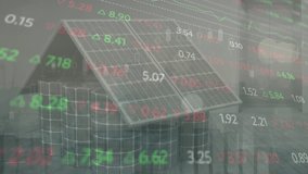 Animation of graphs and trading board over house made of solar panels and batteries. Digital composite, multiple exposure, report, business, stock market, growth, power, green energy concept. - Powered by Shutterstock - Get 15% off with code: PIKWIZARD15