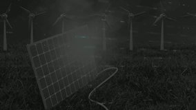 Animation of multiple graphs with changing numbers over solar panels and windmills on green field. Digital composite, multiple exposure, report, business, growth, green and sustainable energy concept. - Powered by Shutterstock - Get 15% off with code: PIKWIZARD15