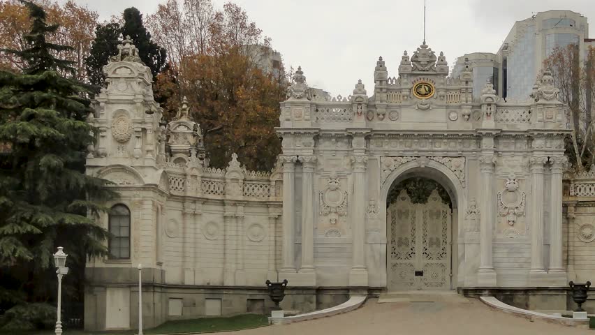 Istanbul, Turkey - December 2017. Gate of the Sultan in Dolmabahce palace. Cloudy autumn view.